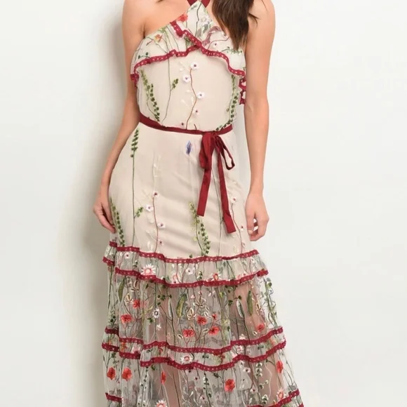 Nude & Burgundy 3D Floral Embroidered Tulle Sheer Dress Gown | Color: Red | Size: M